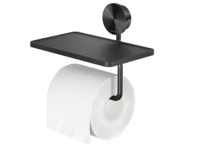 Μεταλλική χαρτοθήκη με εταζέρα επιτοίχιας τοποθέτησης Geesa Opal Black Brushed PVD 7224-411. Κατασκευασμένη από συμπαγή ορείχαλκο.