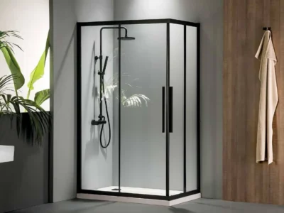 Ορθογώνια καμπίνα ντουζιέρας με Διαφανές κρύσταλλο ασφαλείας Flow-CL Black Matt 90 x 70 cm με είσοδο από την γωνία.