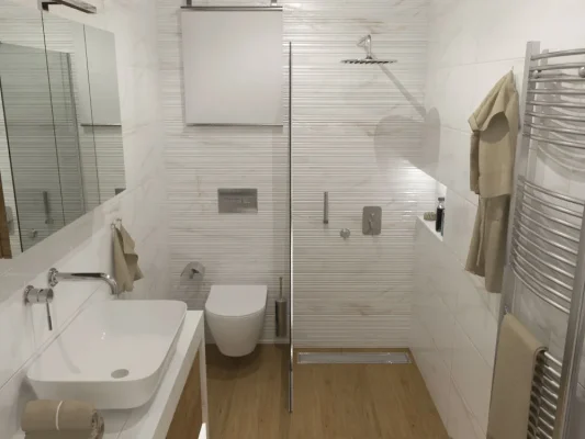 Σχεδιασμός μπάνιου με συνδυασμό πλακιδίων σε απομίμηση μαρμάρου και ξύλου