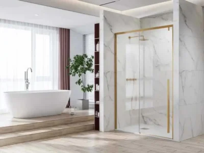 Καμπίνα ντουζιέρας από Τοίχο σε Τοίχο με Διαφανές Κρύσταλλο ασφαλείας Santorini 400 CL Gold 150cm.