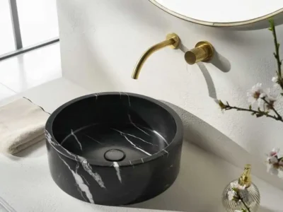 Επιτραπέζιος πέτρινος νιπτήρας μπάνιου Luno Marquina Nero DC-42-400 Φ42cm.