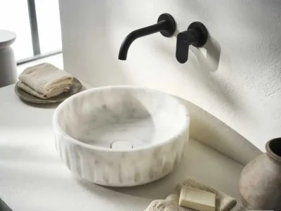 Επιτραπέζιος πέτρινος νιπτήρας μπάνιου Orin Carrara Nuovo DF-39-300 Φ39cm.