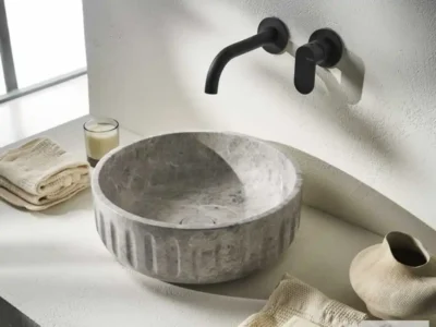 Επιτραπέζιος πέτρινος νιπτήρας μπάνιου Orin Tundra Grey DF-39-423 Φ39cm.